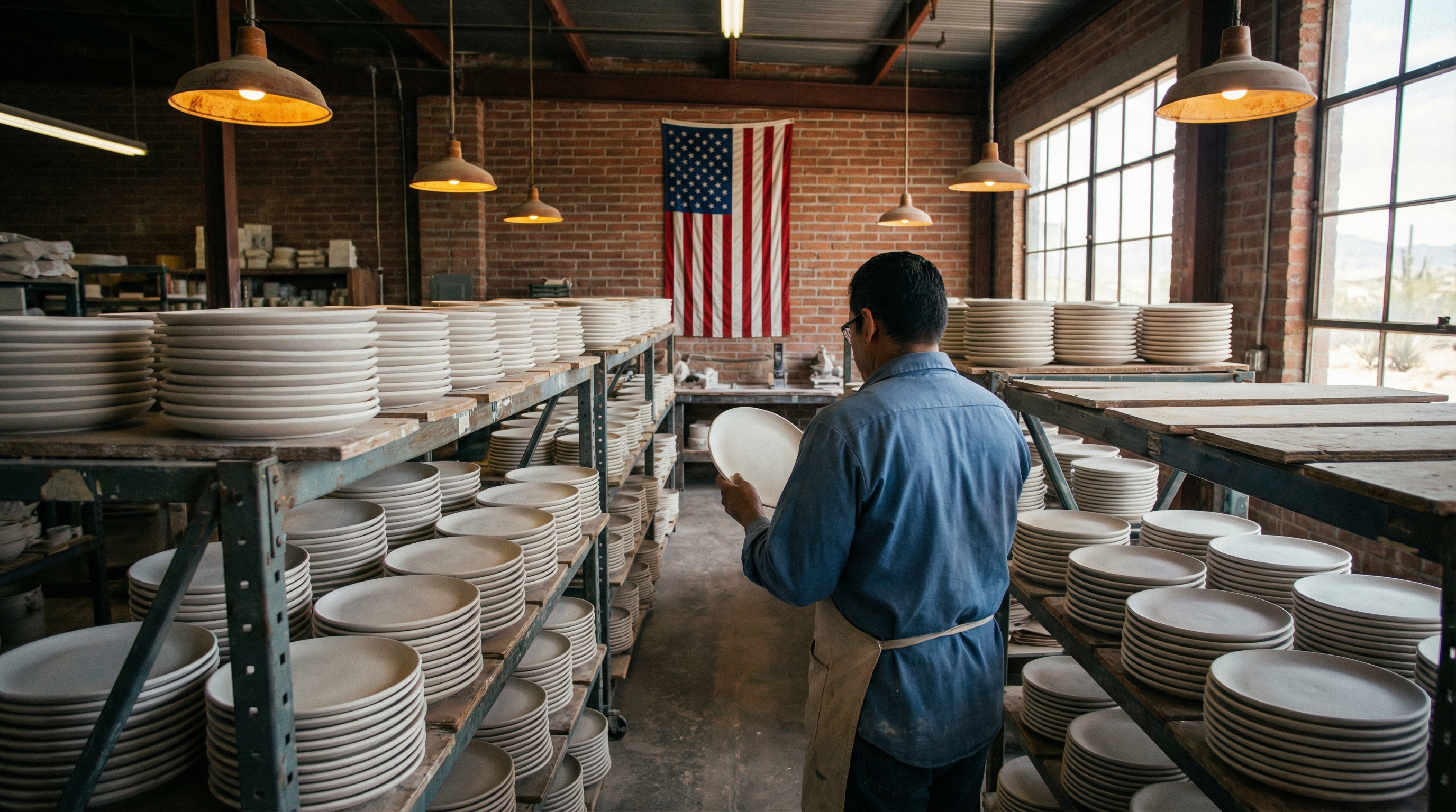 American flag reflected in stacked commercial ceramic dinnerware