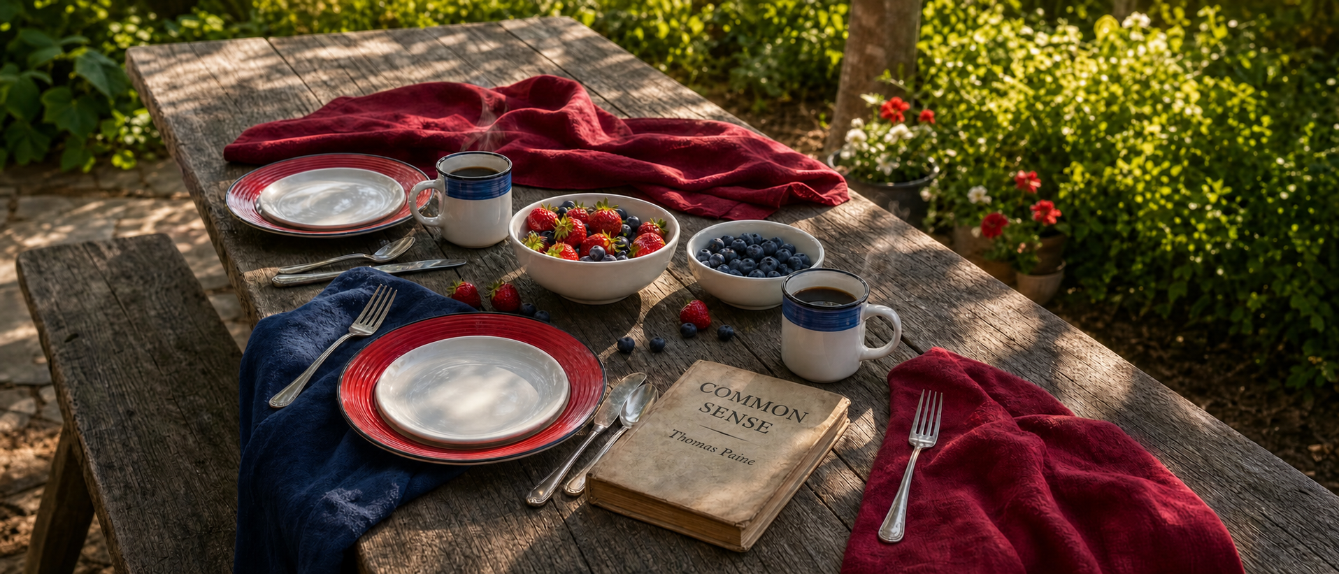 American Table Collection - Outdoor breakfast table with red white and blue dinnerware on rustic wood