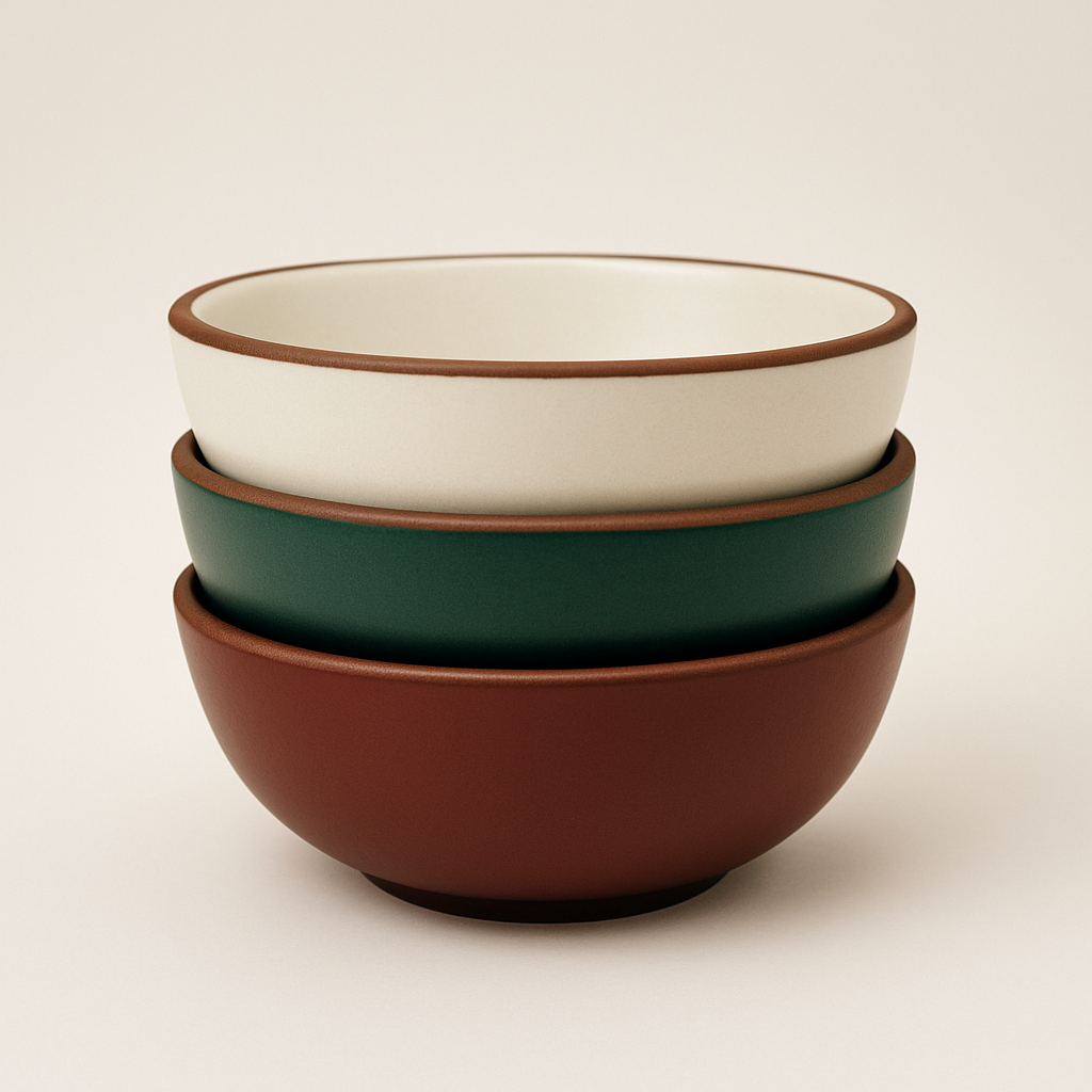 Stack of three ceramic bowls in white, green, and brown on a beige background