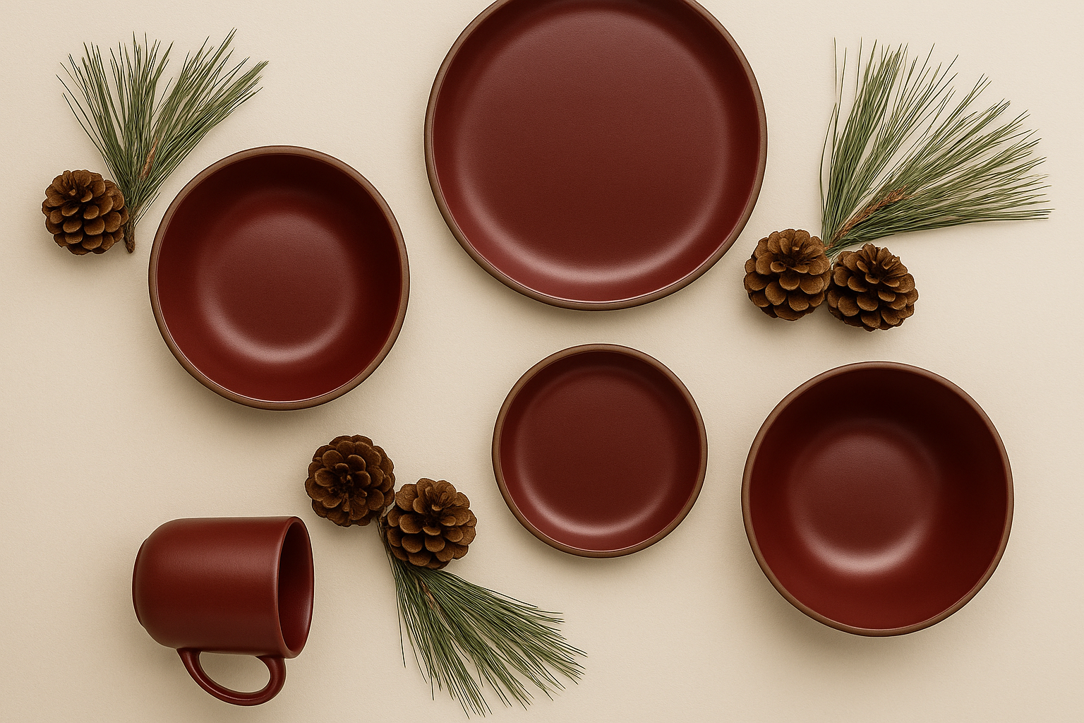 Set of red ceramic plates and a mug on a beige background with pine branches and cones.