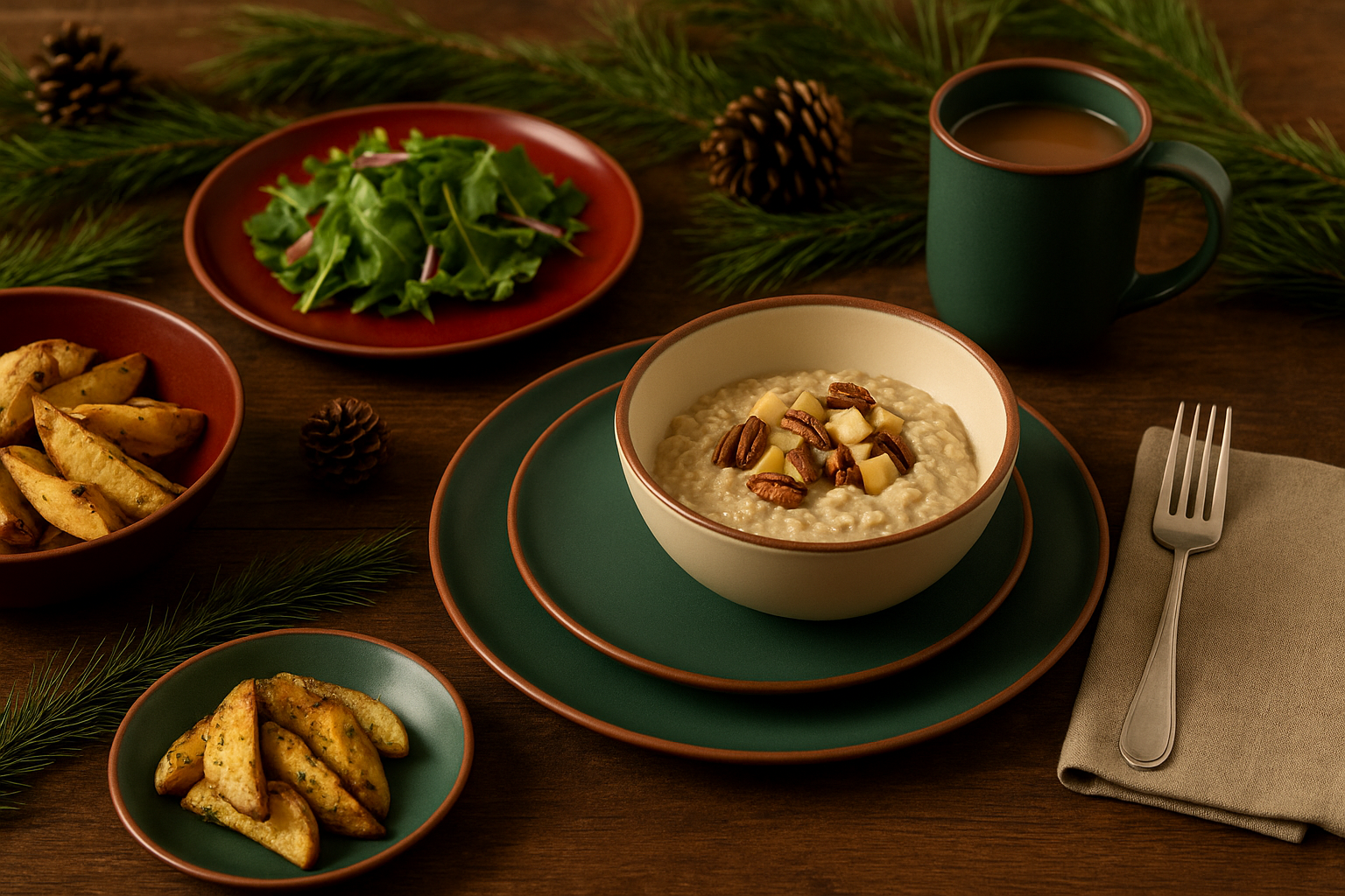 Dinner table setting with a bowl of oatmeal, salad, and coffee on a wooden surface.