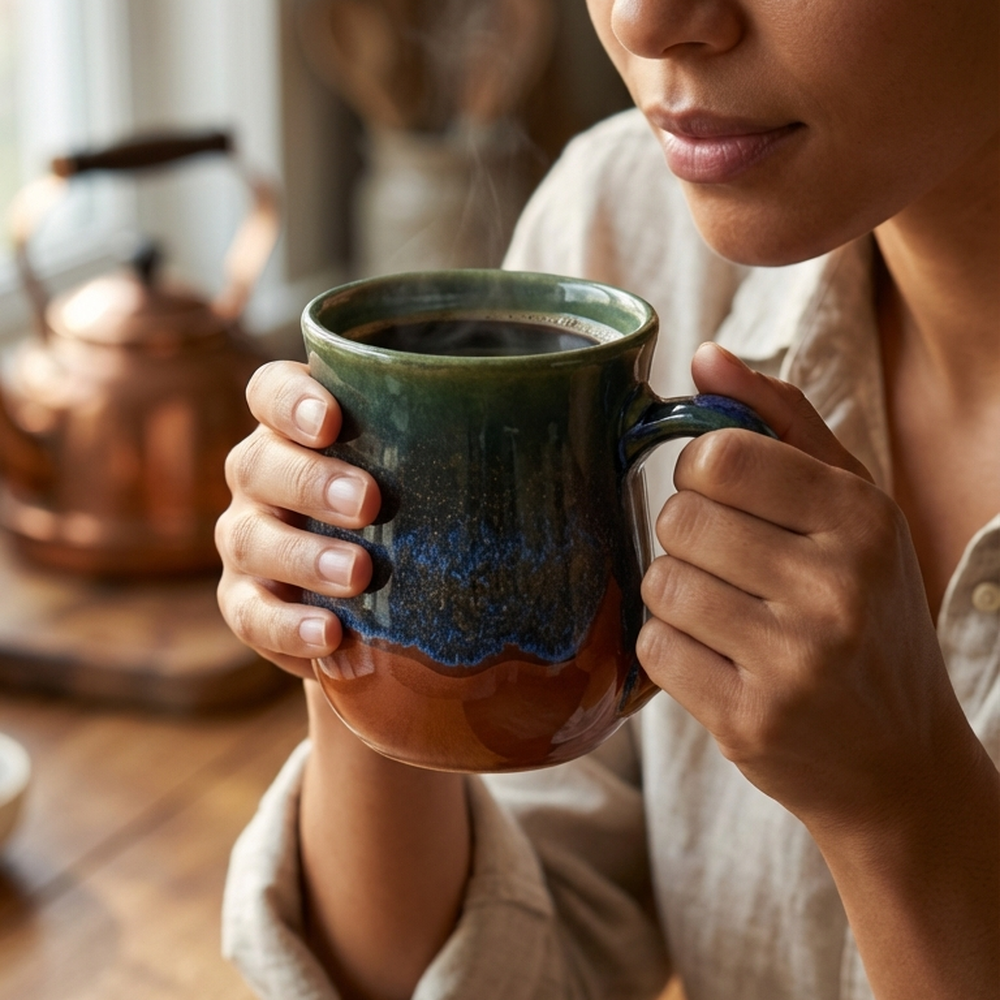 Close-up of person enjoying coffee from HF Coors Blue Bayou reactive glaze 15oz mug showing sage green navy blue and terracotta glaze handcrafted American-made ceramic