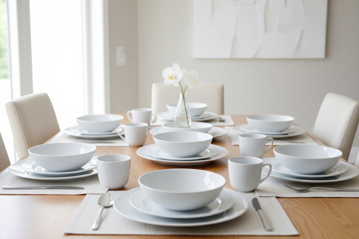 classic American Modern white dinnerware from HF Coors on a table