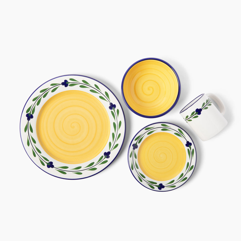 Bella Flora Dinnerware Set — 4 Piece Hand-Painted Ceramic (White, Yellow, Blue, Green)