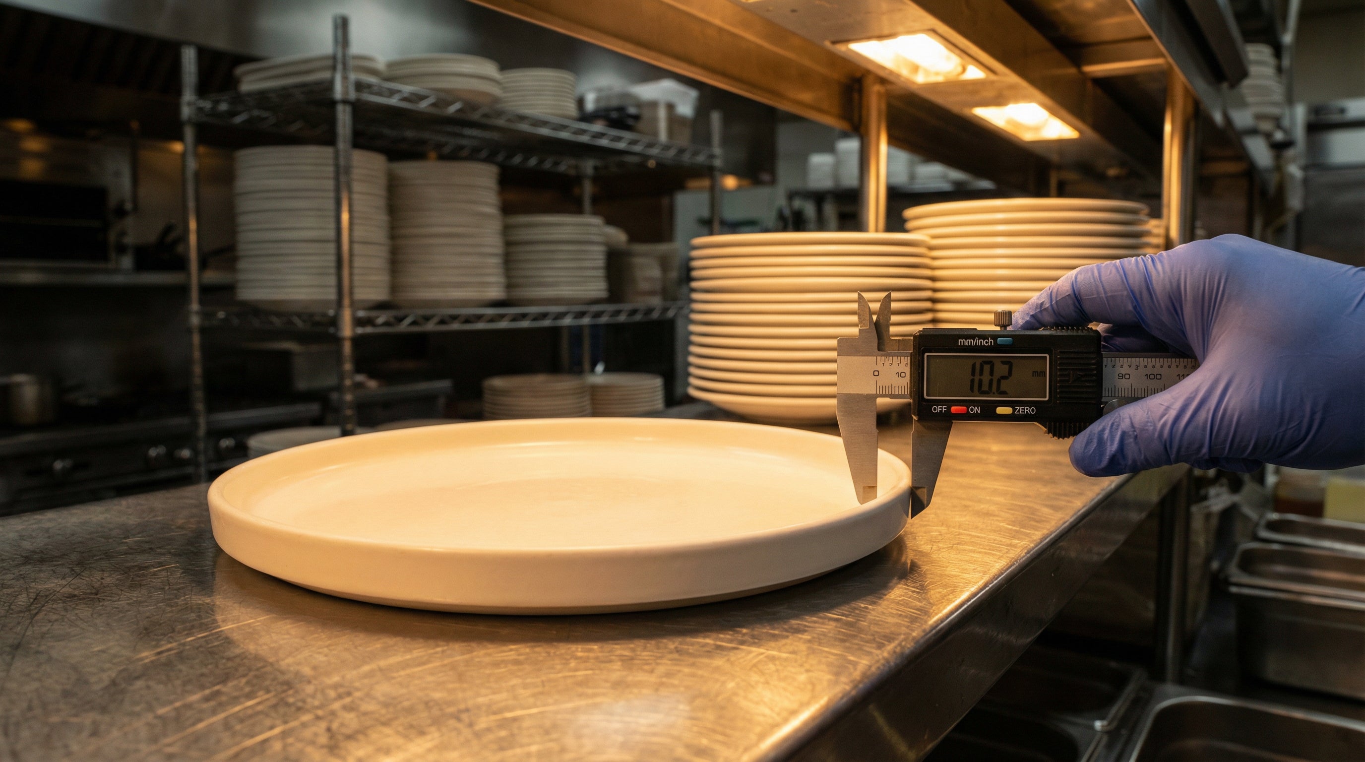 Quality inspection of commercial ceramic dinnerware with digital caliper