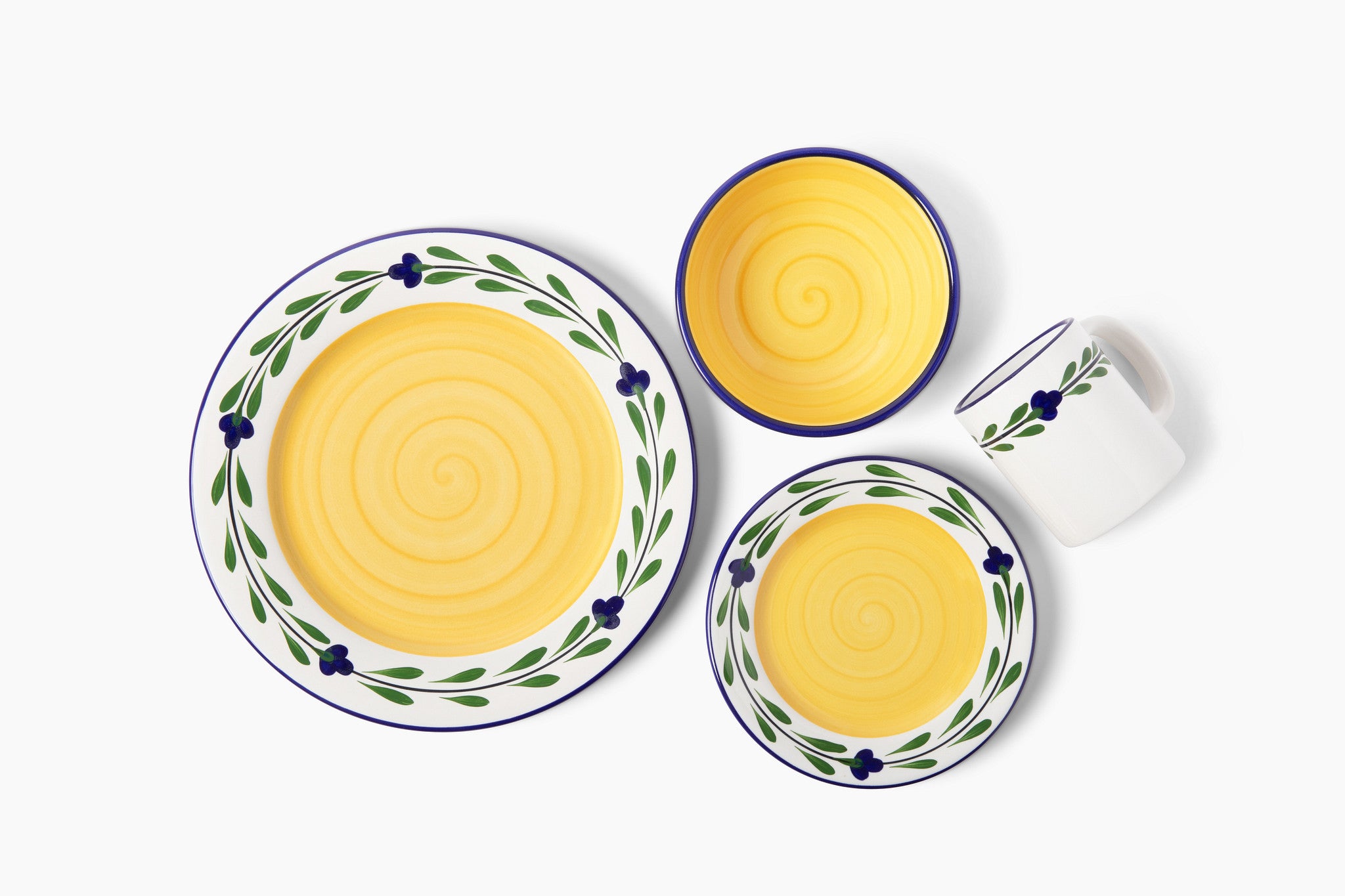 Bella Flora Dinnerware Set — 4 Piece Hand-Painted Ceramic (White, Yellow, Blue, Green)