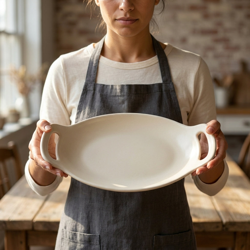Studio Coupe Large Oval Handled Platter | Matte White