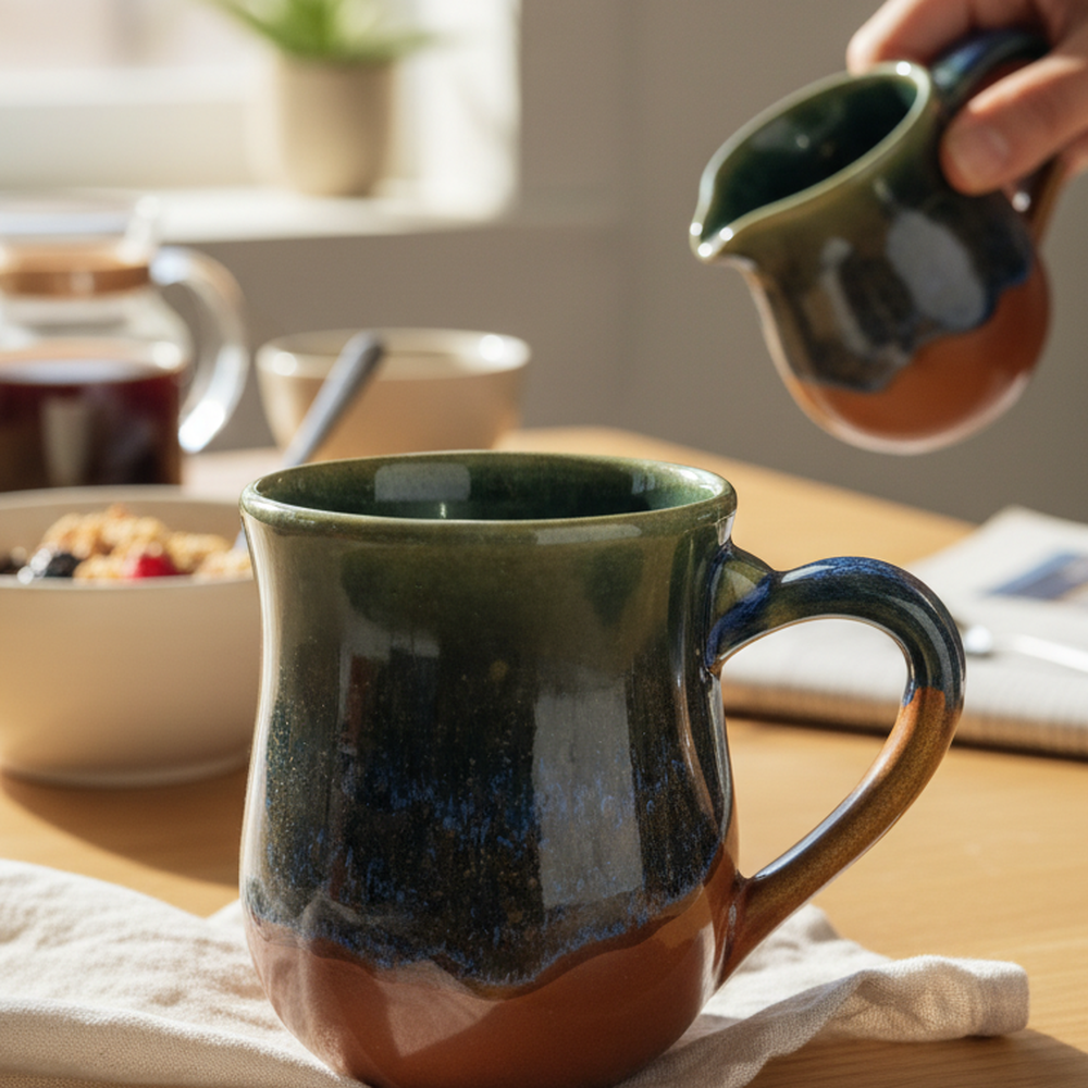 HF Coors Blue Bayou reactive glaze 15oz mug on a breakfast table with natural morning light showing sage green navy blue and terracotta glaze detail handcrafted in USA