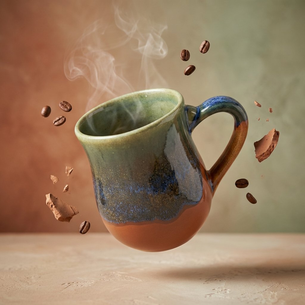 HF Coors Blue Bayou reactive glaze 15oz mug with floating coffee beans and steam showing sage green navy blue and terracotta handcrafted ceramic glaze