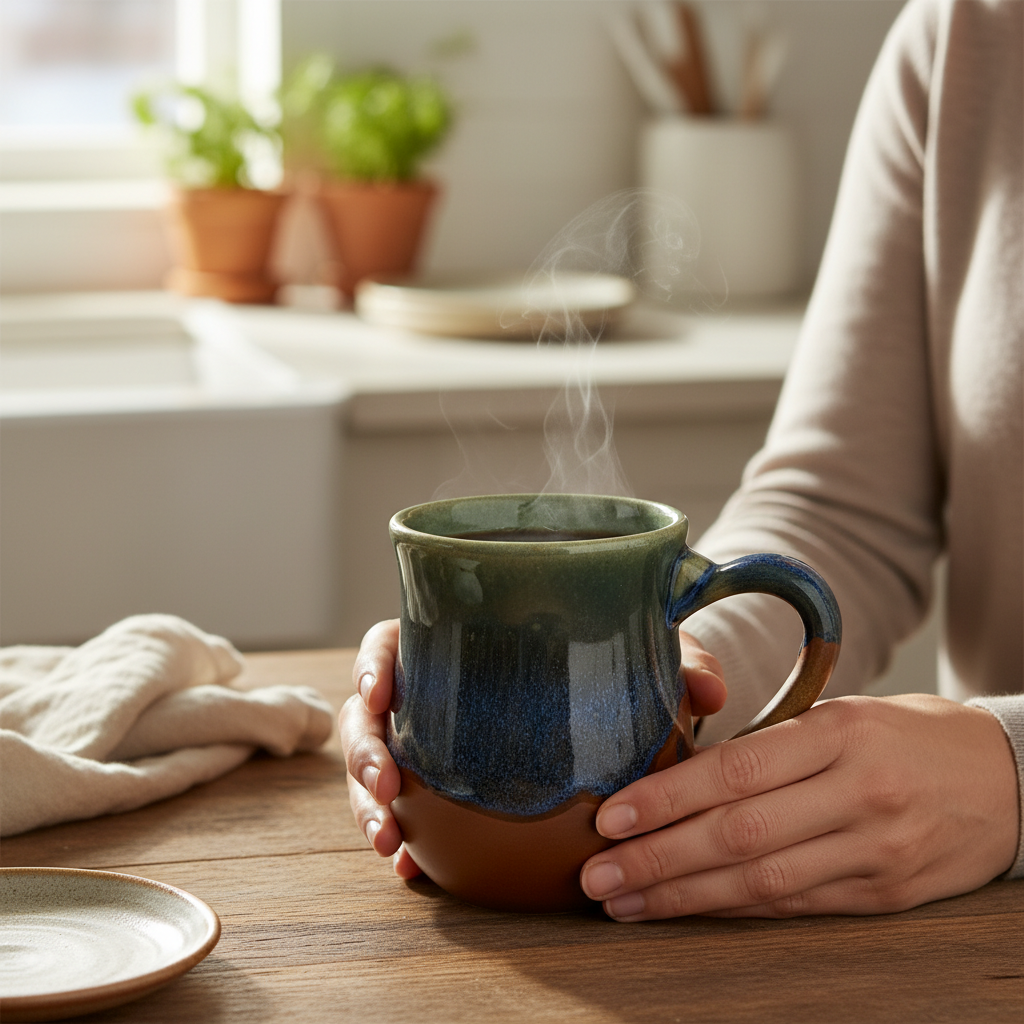 Hands cradling HF Coors Blue Bayou reactive glaze 15oz mug with steam rising on a wooden table in a morning kitchen setting handcrafted American-made ceramic