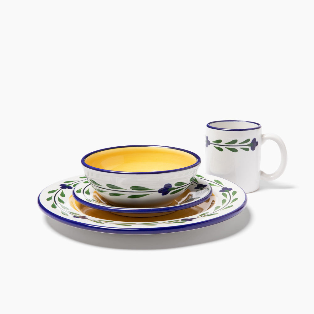 Bella Flora Dinnerware Set — 4 Piece Hand-Painted Ceramic (White, Yellow, Blue, Green)
