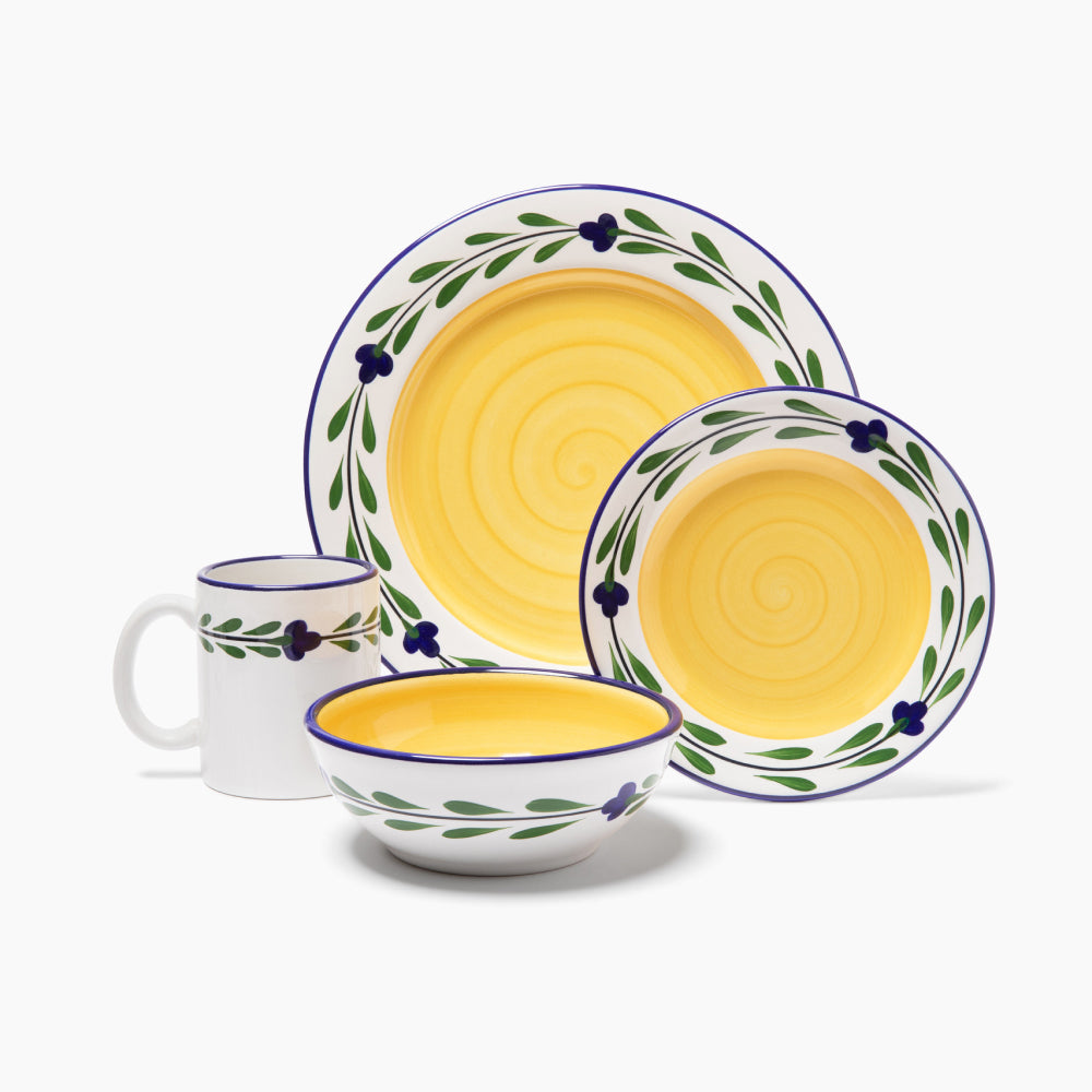 Bella Flora Dinnerware Set — 4 Piece Hand-Painted Ceramic (White, Yellow, Blue, Green)