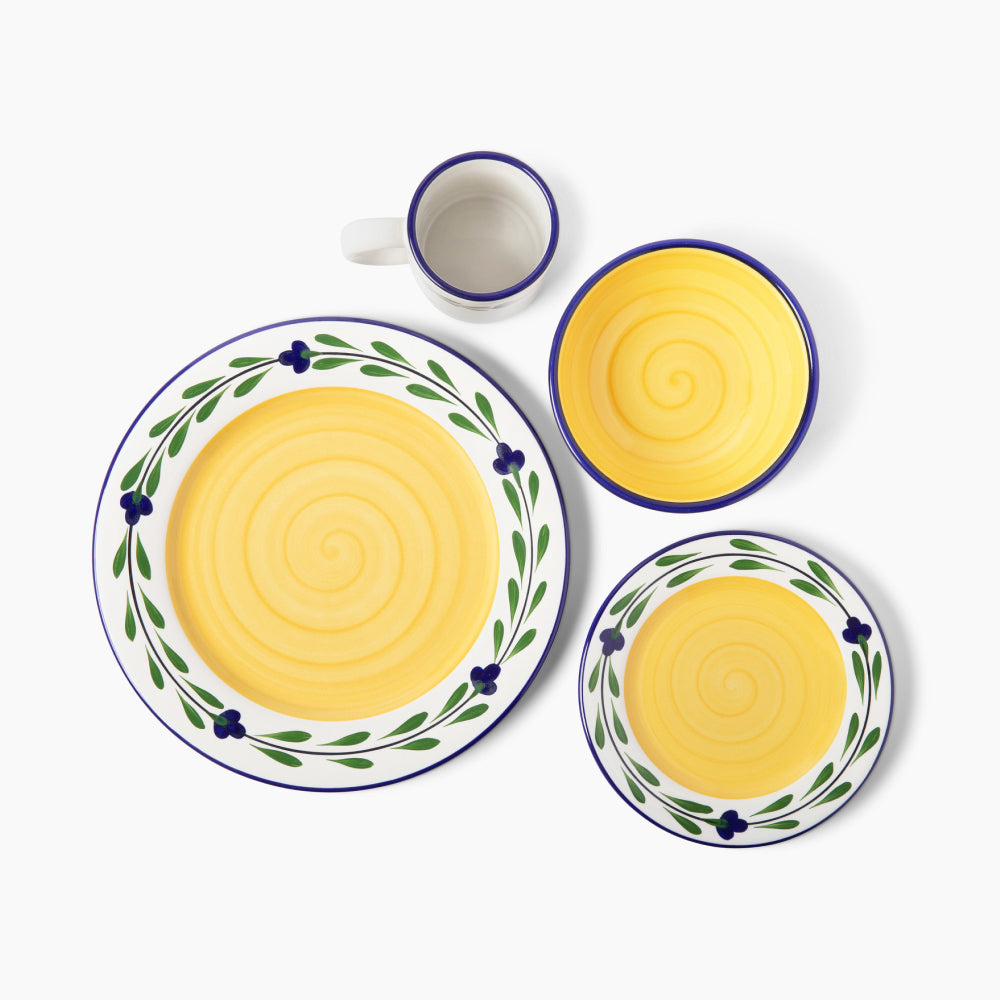 Bella Flora Dinnerware Set — 4 Piece Hand-Painted Ceramic (White, Yellow, Blue, Green)