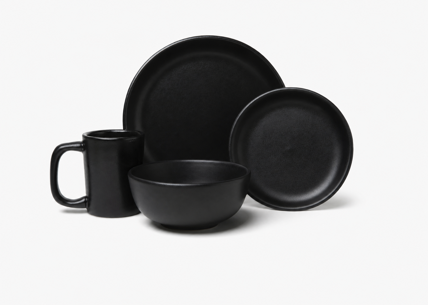 Studio Coupe Dinnerware Set, 4 Piece | Matte Black - dinner plate, salad plate, bowl, and mug - HF Coors, made in Tucson, Arizona