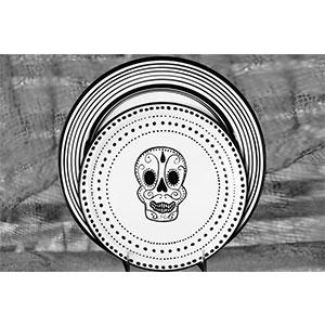 Plate set set of 2 white black day of the dead