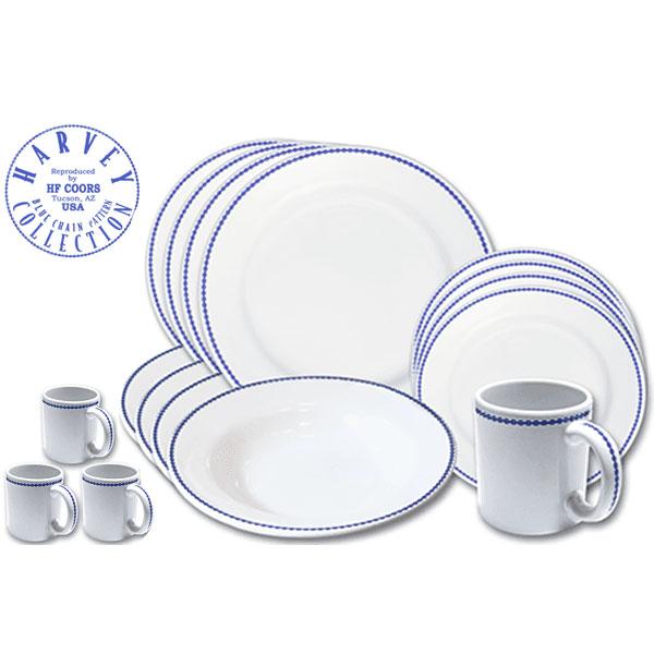 Dinnerware set 16 piece white blue fred harvey blue chain
