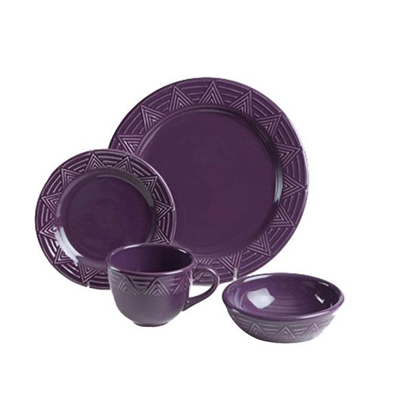 Dinnerware set 4 piece purple aztec pattern