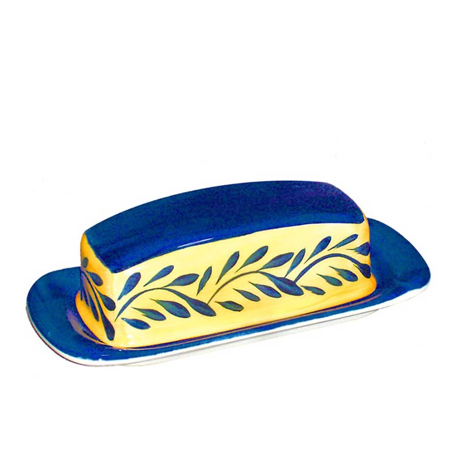 Blue yellow ceramic butter dish country french