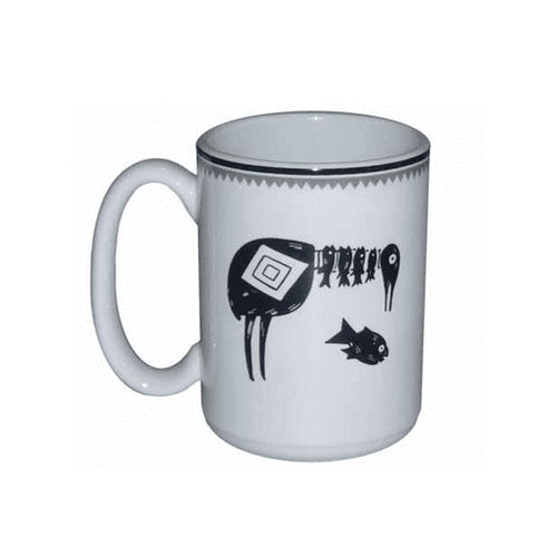 Mug mimbreno bird eating five fish black white mimbreno 15 oz