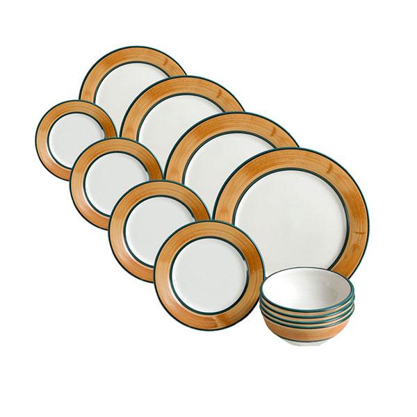 Dinnerware set 12 piece brown green terra patina