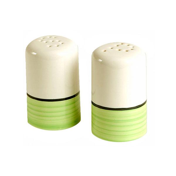 Green white ceramic salt and pepper shaker set spree pattern