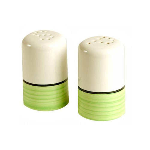 Green white ceramic salt and pepper shaker set spree pattern