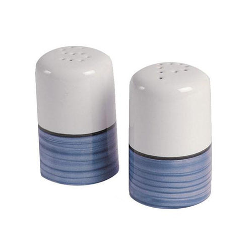 Blue white ceramic salt and pepper shakers spree pattern