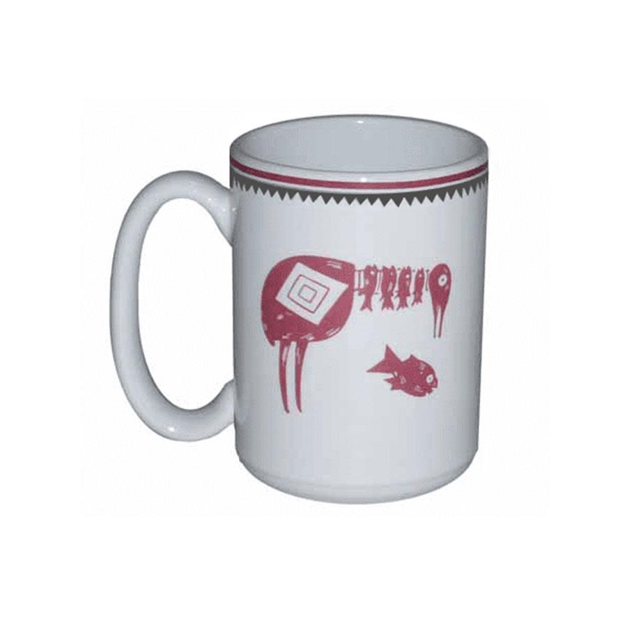 Mug - Mimbreño Bird Eating Five Fish Maroon & White | Mimbreño 15 oz