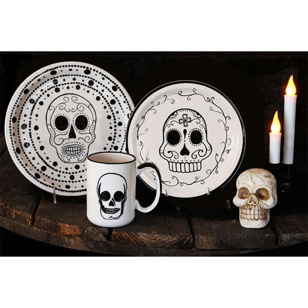 Dinnerware set 3 piece white black day of the dead day of the dead